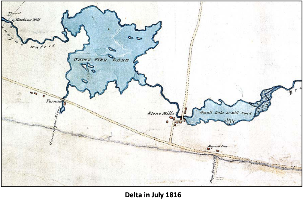 Section of 1816 British survey map by Joshua Jebb, RE, showing Stone Mills (Delta) settlement with mill buildings