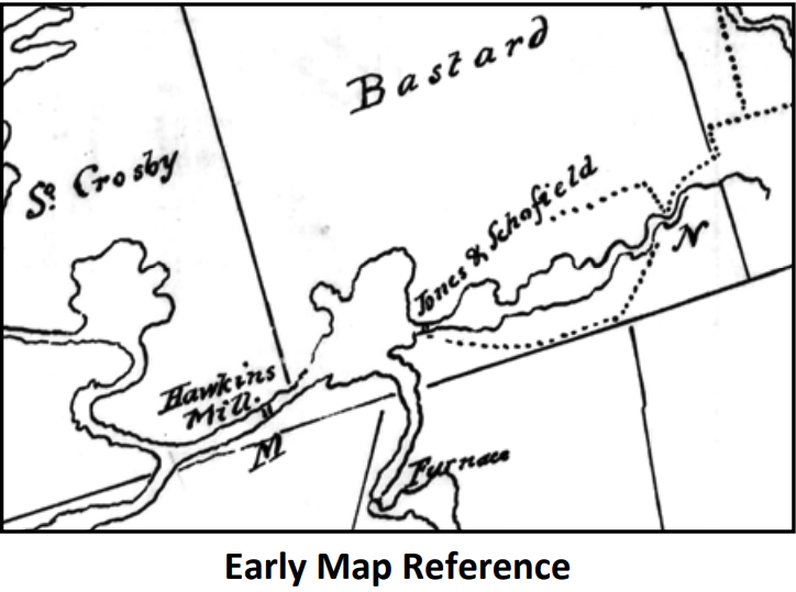 Section of c.1815 Bastard Township survey map identifying 'Jones and Schofield' grist mill at Stone Mills (Delta)
