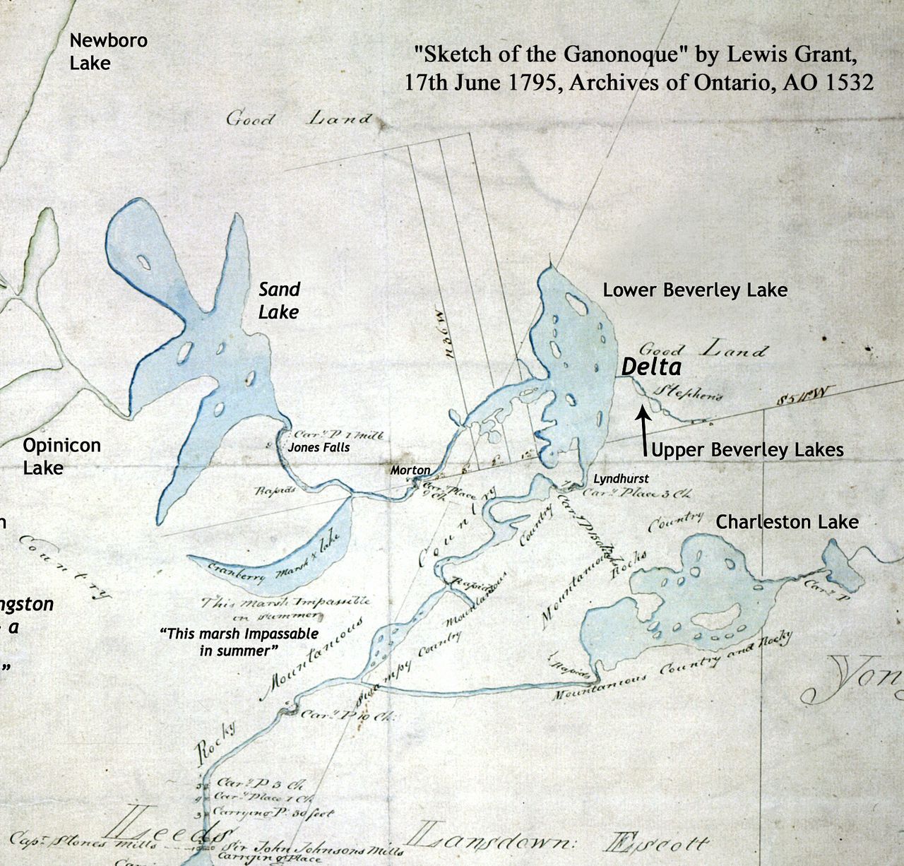 Annotated section from Lewis Grant's 1795 survey map showing lots granted to Abel Stevens' settlers at Stone Mills
