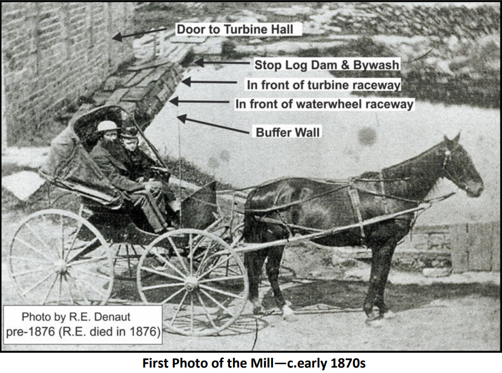 First photograph of the Old Stone Mill, c. 1870s — horse and buggy in front, door to turbine hall visible