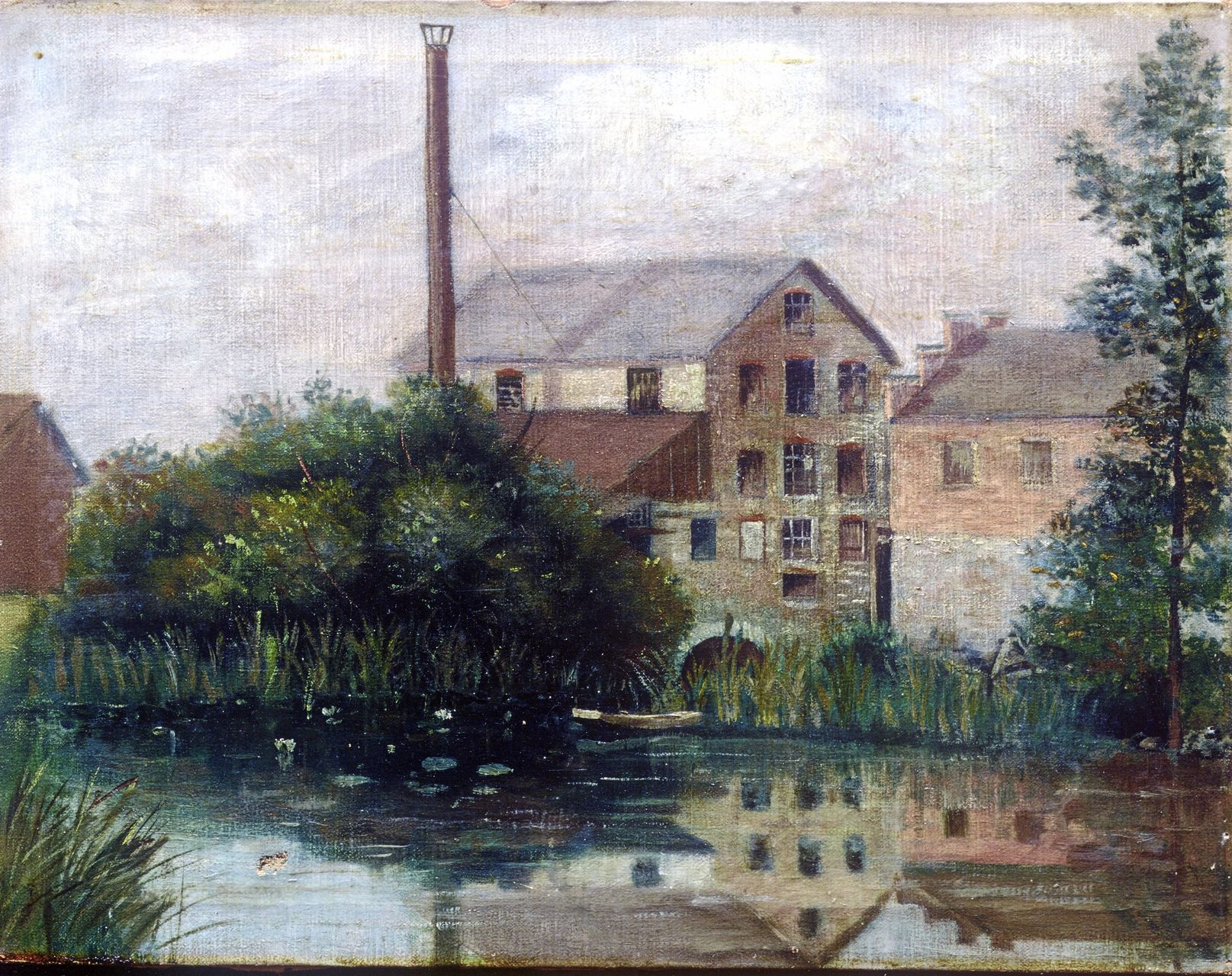 The Old Stone Mill from across the mill pond, c. 1906 — chimney stack, wooden annex, summer foliage