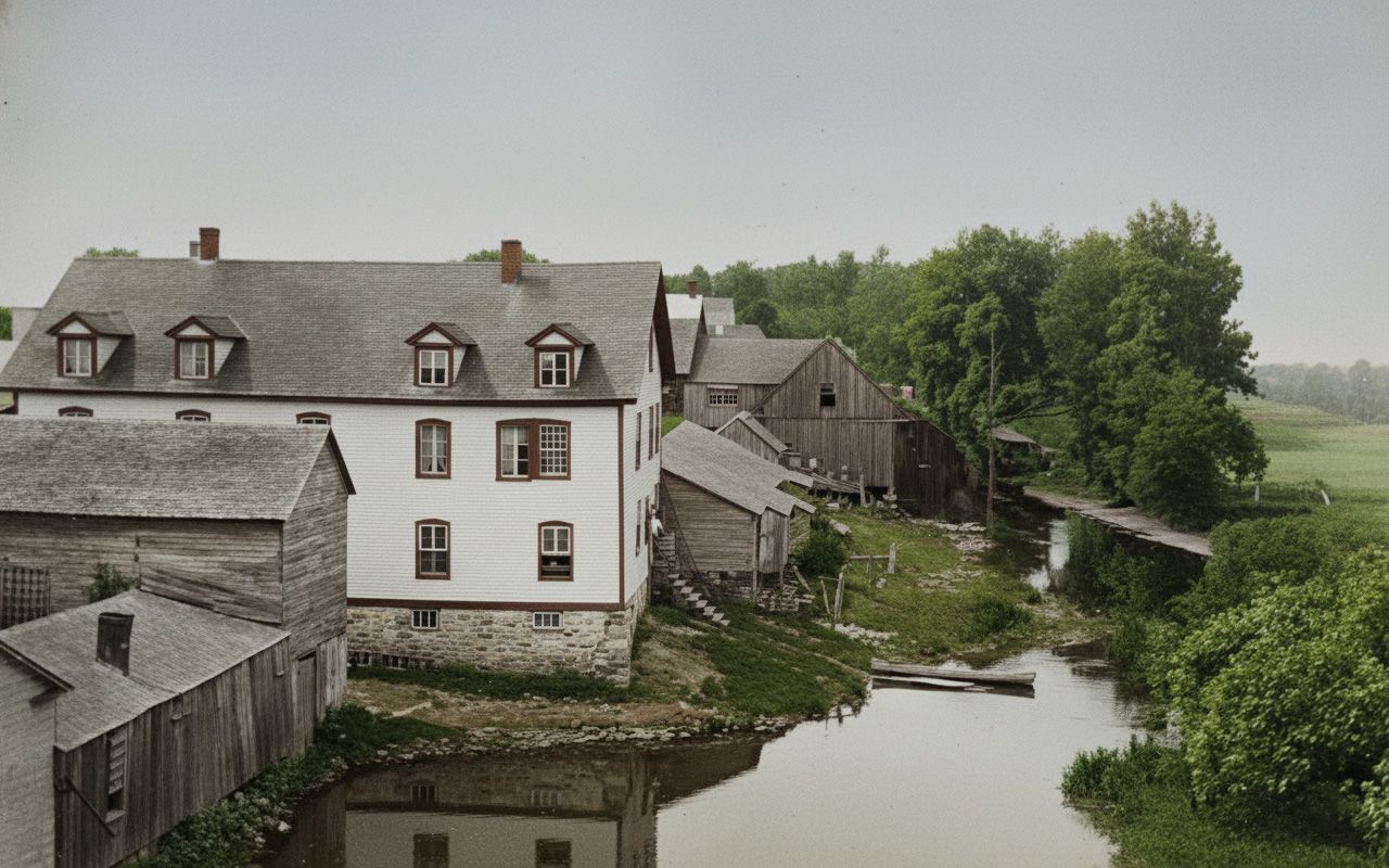 Grand Central Hotel and the mill stream, Delta, c. 1910s — showing the commercial streetscape adjacent to the Old Stone Mill