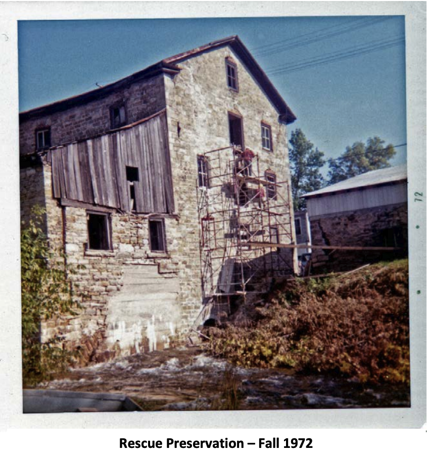 The Old Stone Mill during rescue preservation work, Fall 1972