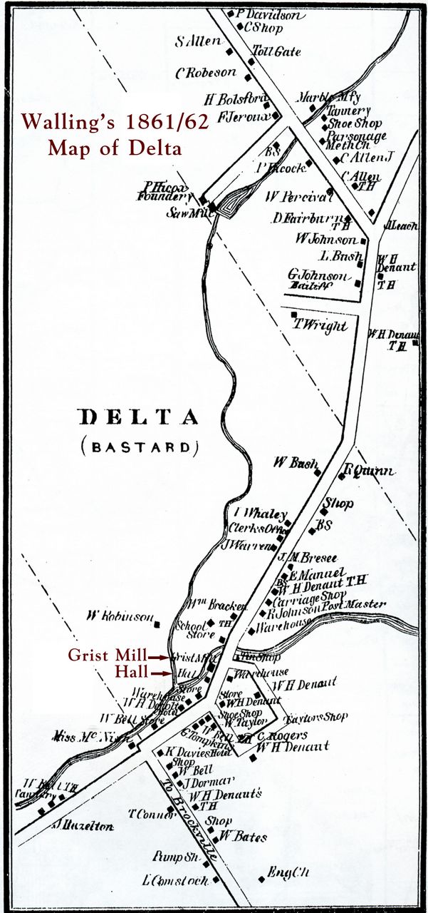 Village of Delta in 1861-62 — plan of the village at the height of Walter Denaut's milling operation