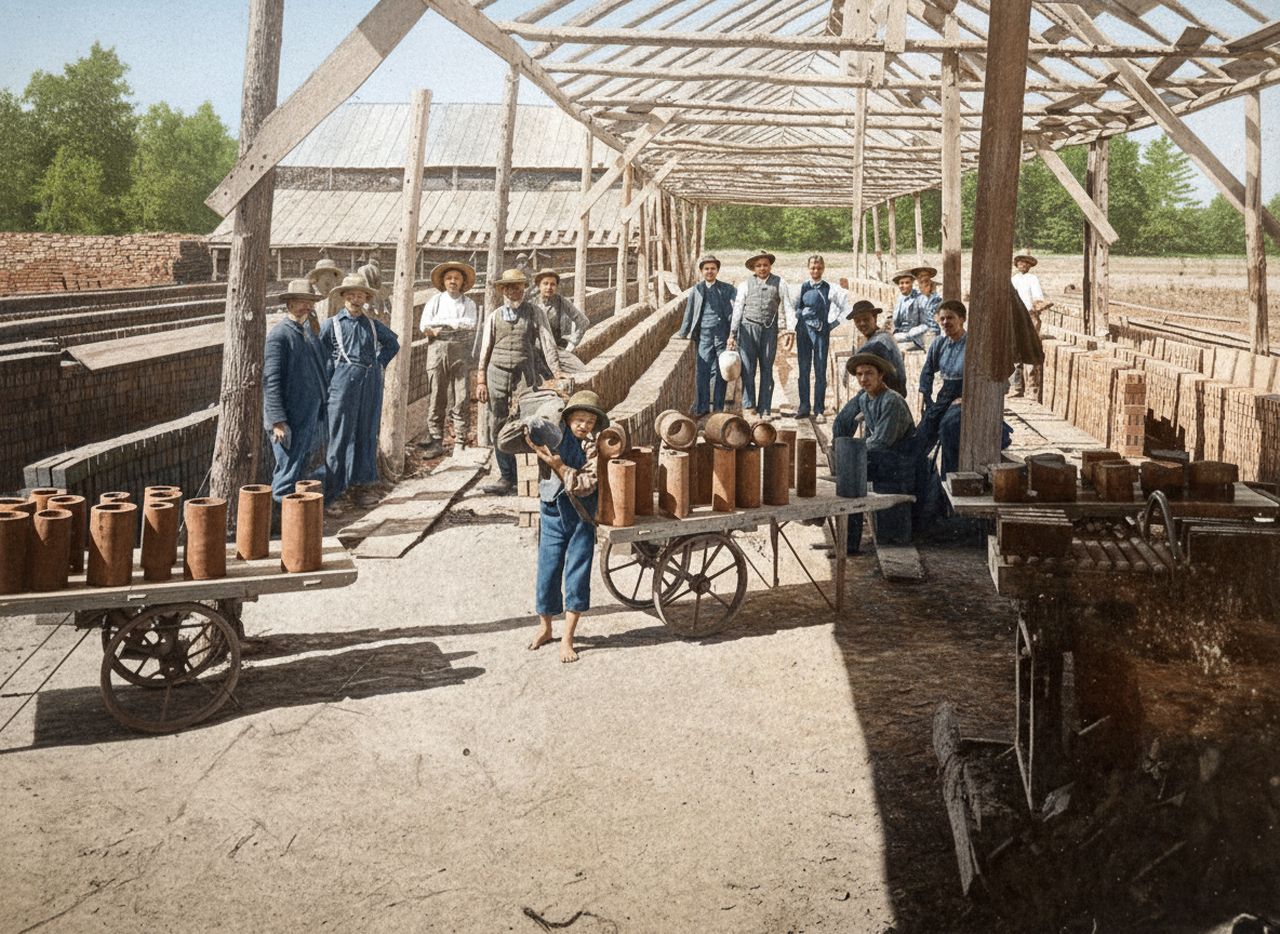 Jasper Russell's brickyard, c. 1900 — where the hall's hand-pressed bricks were made