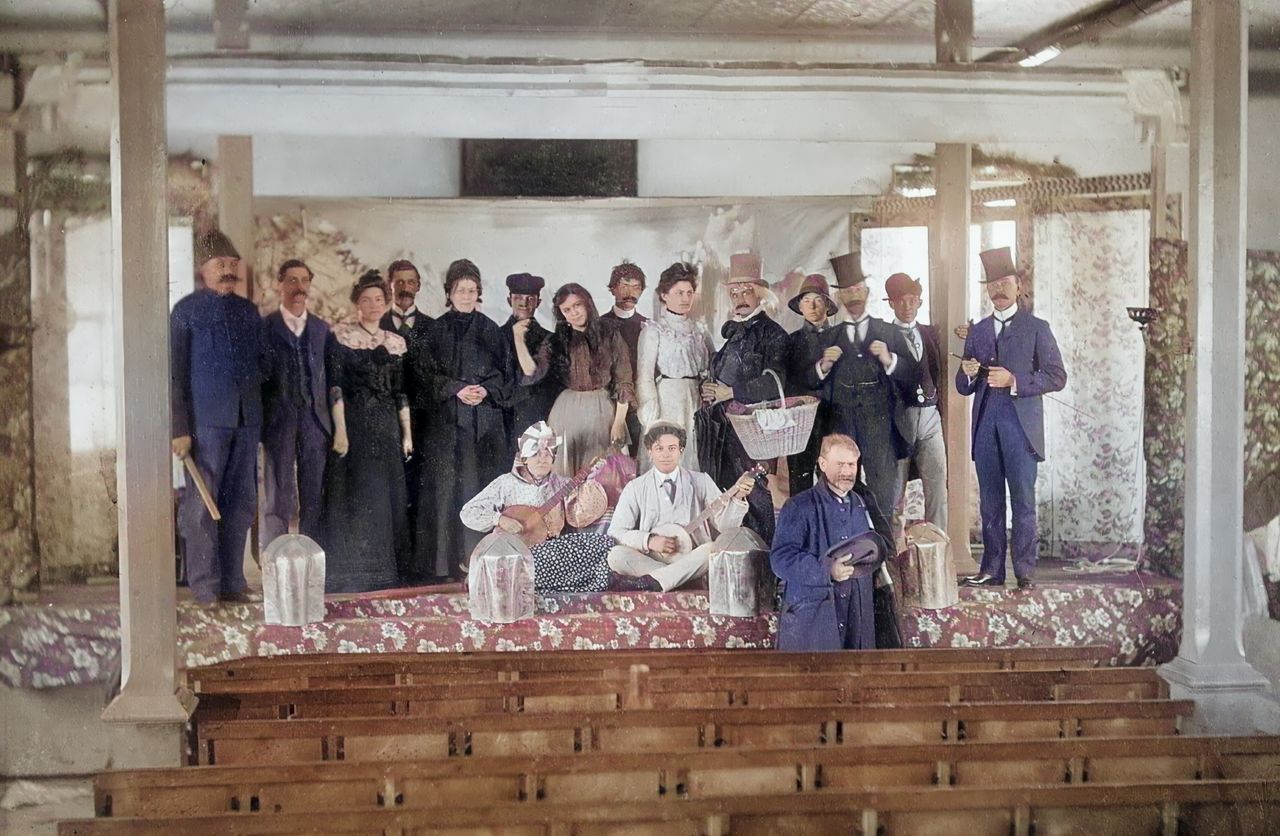 Cast of the annual New Year's Day amateur play at the Old Town Hall, c. early 1900s